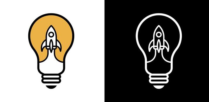 Simple logo of an illuminated light bulb with on top is a rocket ship taking off vector