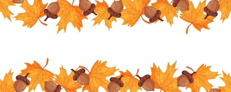 Seamless border with maple leaves and acorns on top and bottom vector