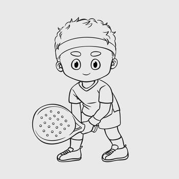 Chibi Padel Player in Action with Racket. Thin Line Illustration. vector