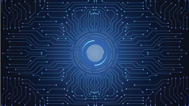 Futuristic technology background with fingerprint scanner and glowing blue digital circuit lines, perfect for cybersecurity, biometric, and high tech concepts vector