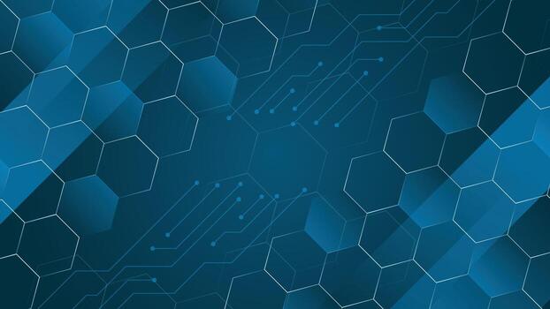 Modern abstract background featuring blue hexagon shapes and digital circuit lines, perfect for technology themes, futuristic designs, innovation and modern digital concepts vector