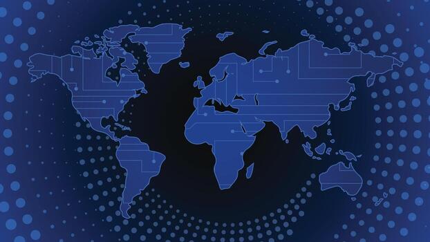 Futuristic digital world map background featuring glowing dotted pattern and abstract circuit style, perfect for global technology, communication, data, and network concepts vector