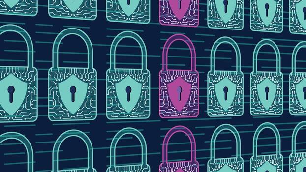 Futuristic cybersecurity background with padlock icons, shield shapes and circuit lines, perfect for online security, data protection and digital technology themes vector