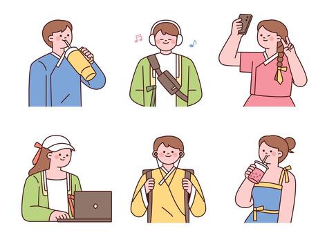 Stylish characters with drinks and phones vector