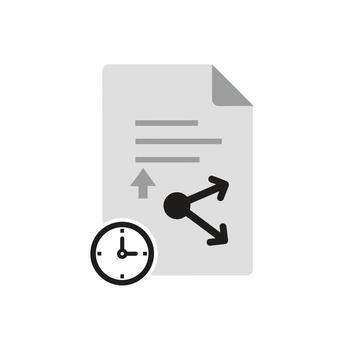 Simple flat document share icon with overlapping analog clock asynchronous work icons vector