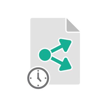 Clean illustration of document with share arrows and small clock badge asynchronous work icons vector