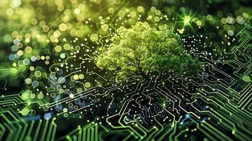 digitale circuiti e albero Rete combinato, illustrare il integrazione di natura e tecnologia per efficace carbonio riduzione. carbonio orma riduzione video