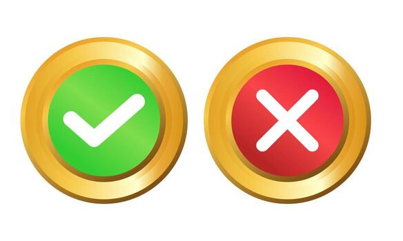 Check Mark and Cross Mark Gold Buttons for Approval or Rejection Status Icons vector