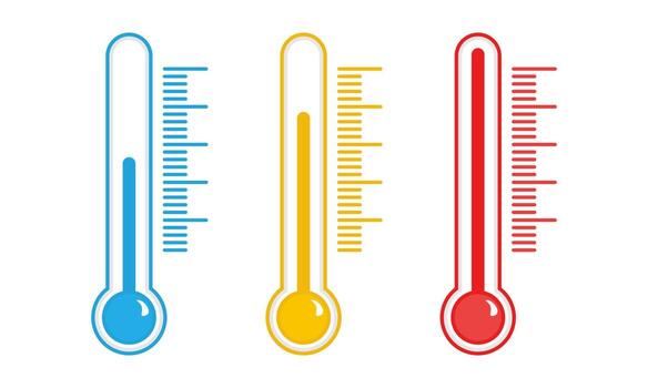 A Set of Three Modern Thermometers in Blue, Yellow, and Red, Clearly Indicating Different Temperature Levels vector