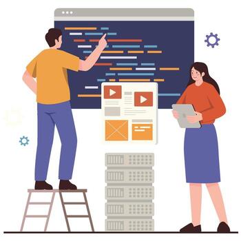 desarrolladores escribir código y construir interfaces con servidores y hospedaje infraestructura para un web proyecto. vector