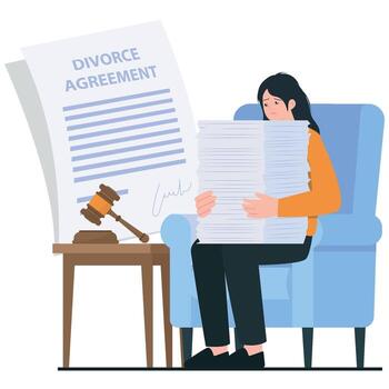 un preocupado mujer sostiene un enorme apilar de documentos junto a un grande divorcio acuerdo y mazo, demostración legal carga y ansiedad. vector