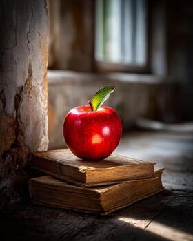 A detailed, high-angle shot of a single, vibrant red apple with a green leaf, resting on a stack of worn, old books in a rustic, antique setting. photo