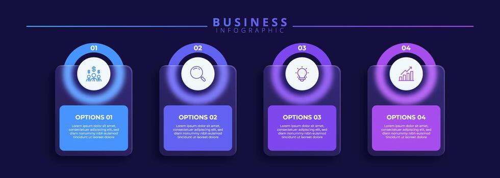 Design template for infographic labels with icons and 4 options or steps. Suitable for process diagrams, presentations, workflow layouts, banners, charts, and infographics. vector