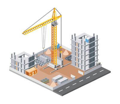Isometric illustration of a skyscraper construction site with tower crane, building structures, concrete blocks, and road. Modern architecture and urban development concept. Illustration. vector