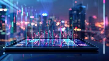 digital tábua em lustroso vidro mesa exibindo interativo 3d financeiro gráficos e gráficos com cidade Horizonte dentro a fundo. financeiro intuições video