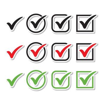 cheque marcas. cheque marca negro, rojo, verde iconos, aislado. sencillo cheque marcas. Lista de Verificación simbolos vector