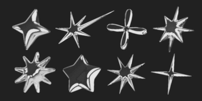 Y2k 3d chrome halftone star shape retro abstract elements illustrations set vector