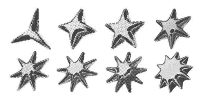Y2k 3d chrome halftone stars shape retro abstract elements illustrations set vector