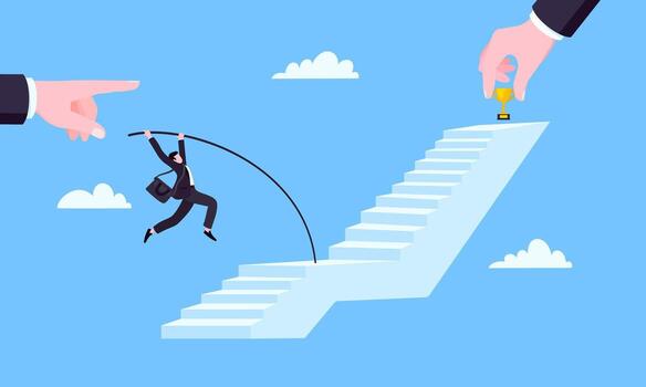 Success career ladder steps, path challenge with business goals achievement flag objective. vector