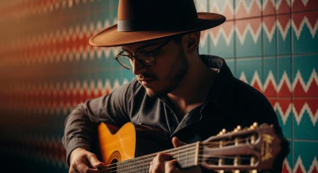 A young man in a stylish hat and glasses plays an acoustic guitar with focus and passion, captured in a moody and artistic urban setting with patterned tiles. photo
