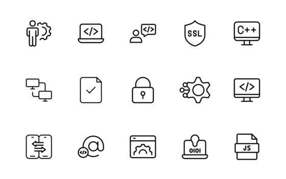 programación codificación conjunto de web íconos en línea estilo. software desarrollo íconos para web y móvil aplicación código, API, desarrollador, información tecnología, descifrador y más. vector