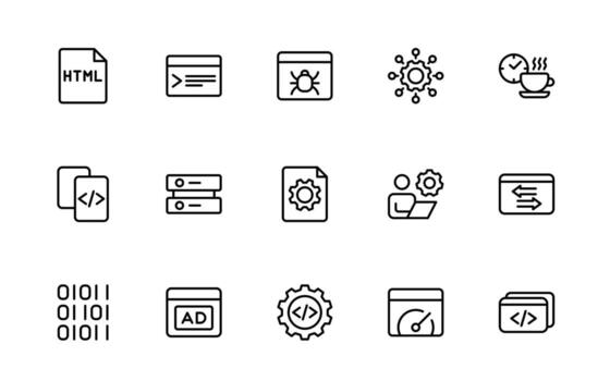 programación codificación conjunto de web íconos en línea estilo. software desarrollo íconos para web y móvil aplicación código, API, programador, desarrollador, información tecnología, descifrador más. vector