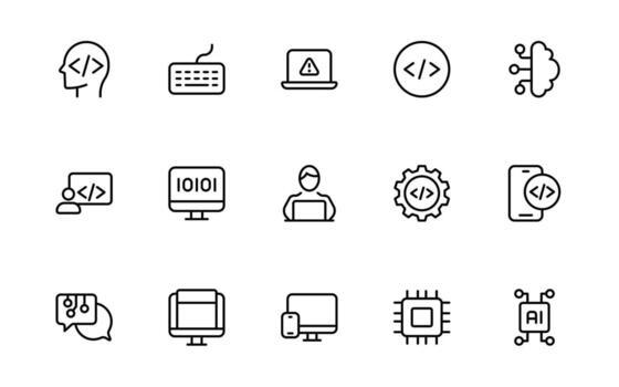 programación codificación conjunto de web íconos en línea estilo. software desarrollo íconos para web. programador, tecnología, descifrador y más. vector