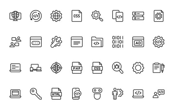 programación codificación conjunto de web íconos en línea estilo. software desarrollo íconos para web y móvil aplicación programador, desarrollador, tecnología, descifrador y más. vector