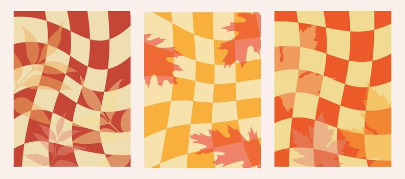 Autumn Retro Groovy Style Checkered Background Set vector
