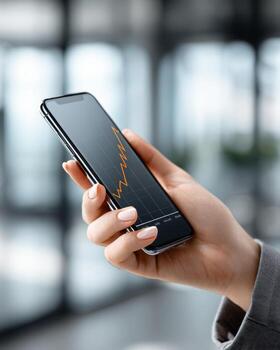 Close-up of a hand holding a smartphone displaying an orange line chart in a bright modern office, symbolizing mobile finance, analytics, and market growth. photo