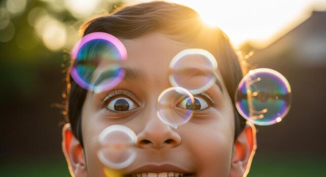Close-up of an excited child playing with colorful soap bubbles at sunset, joyful summer mood and wonder, bokeh background, family lifestyle concept photo