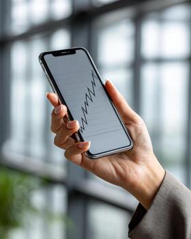 Professional hand holding smartphone displaying upward trending financial graph in bright modern office setting. Business success and mobile analytics concept. photo