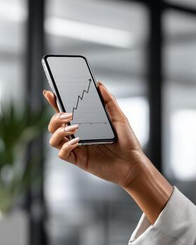 A professional businesswoman holding a smartphone displaying an upward graph in a modern office setting, symbolizing growth and success. Ideal for business, finance, and technology themes. photo