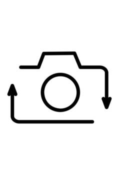 Outline of camera with circular switch arrows. Rotate camera view or flip icon for mobile app. Digital media and selfie toggle control symbol. vector