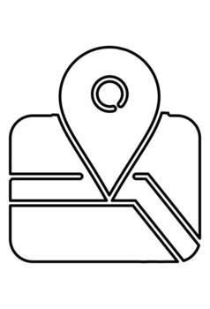 Outline of a map with a location pin or marker. GPS navigation and travel destination symbol. Simple position and address pointer on a map. vector