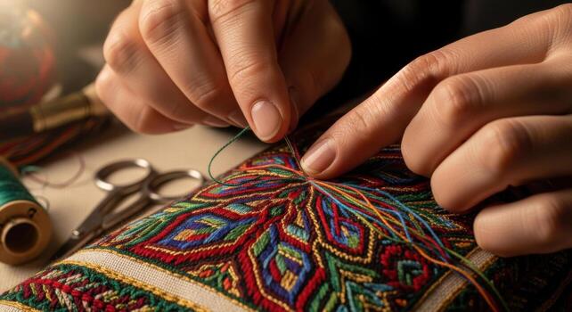 Close-up of hands using a thimble to sew vibrant, multicolored embroidery threads onto fabric, with scissors and thread spools nearby. Detailed, creative, and focused craft atmosphere. photo