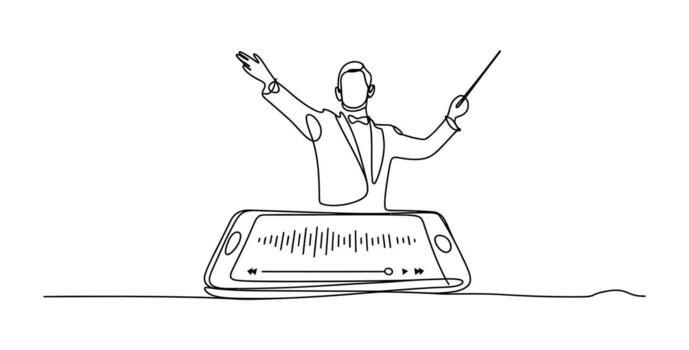 Orchestrator leading performance on smartphone with music equalizer one line drawing vector