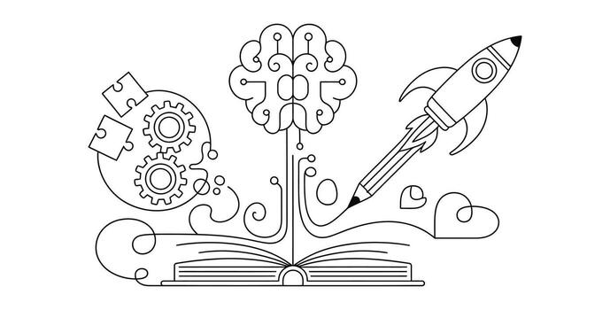 Creative concept with open book brain gears rocket and pencil line art vector
