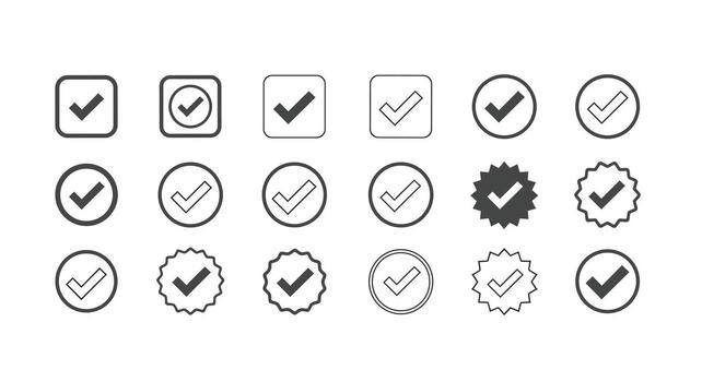 Collection of Check Mark Icons with Different Styles, including Circles, Squares, and Starbursts, Ideal for UI UX Design and Websites vector