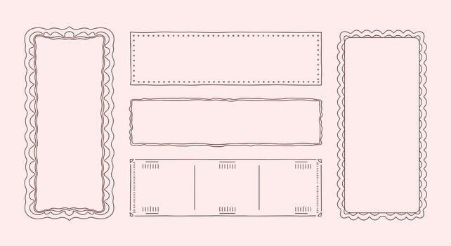 Handdrawn frame collection featuring decorative edges, rustic borders, and measurement details, ideal for creative projects and custom designs on a pink background vector