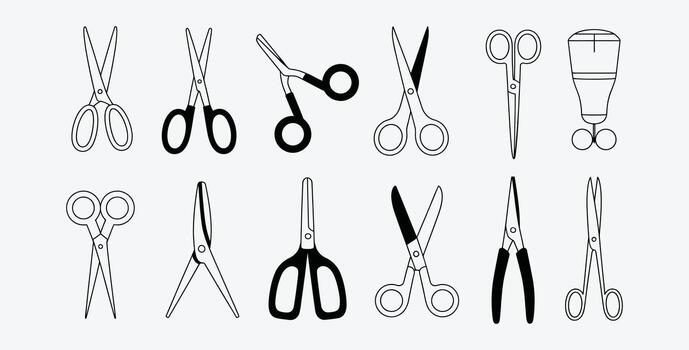 Scissors Set Various Types of Cutting Tools Silhouette Style Design vector