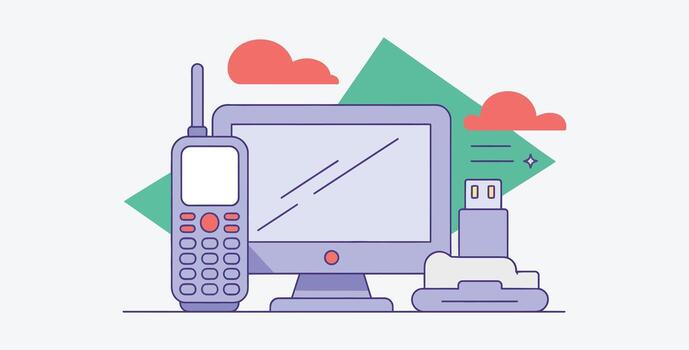Retro technology devices vecillustration with computer phone and usb vector
