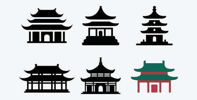 Set of stylized pagoda buildings in format with color vector