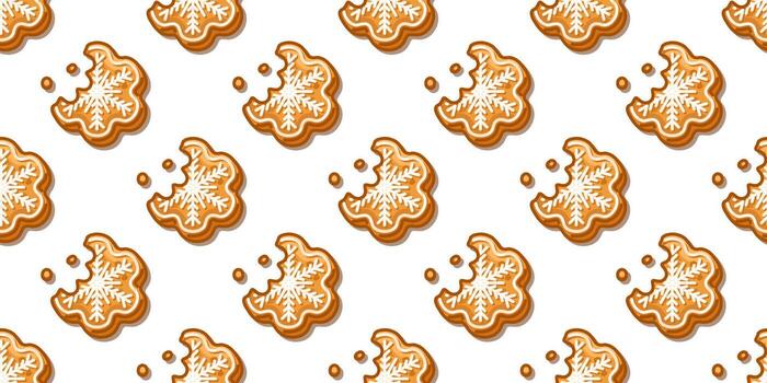 Seamless Gingerbread Snowflake Cookie Pattern with bitten festive biscuits and crumbs, decorated with icing, perfect for Christmas design, wrapping paper and holiday textile prints. vector