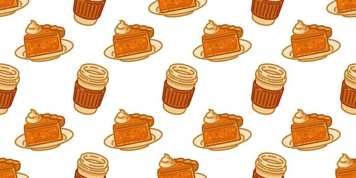 Seamless Pumpkin Pie Coffee Pattern with autumn desserts and takeaway cups, perfect for seasonal design, wrapping paper and cozy fall textile prints. vector