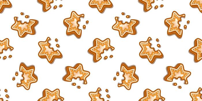 Seamless Gingerbread Star Cookie Pattern with bitten festive biscuits decorated with icing, perfect for holiday design, wrapping paper and textile prints. vector