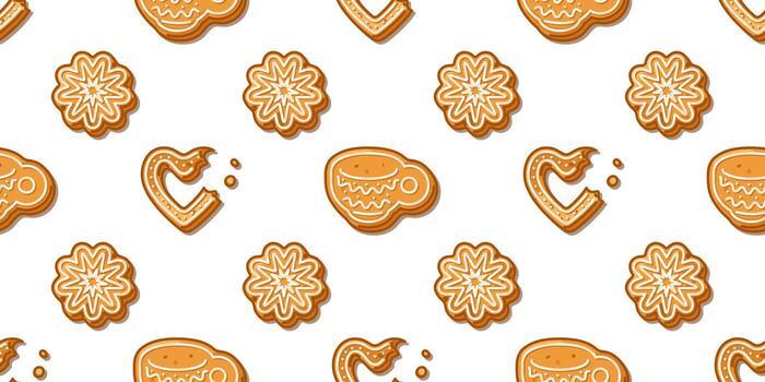Seamless Gingerbread Cookie Pattern with festive hearts, cups and snowflake biscuits decorated with icing, perfect for holiday design, wrapping paper and Christmas textile prints. vector
