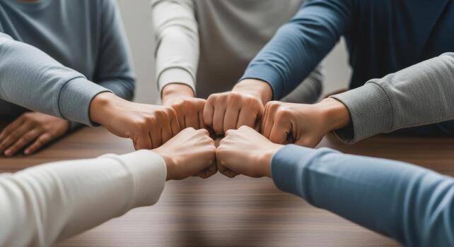 Close-up of diverse friends joining fists together on a table, symbolizing teamwork, unity, friendship, and support in a positive atmosphere. photo