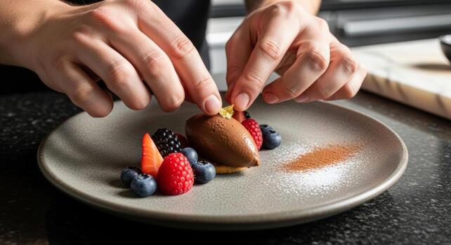 Close-up of a chef's hands delicately placing a gold leaf on rich chocolate mousse, garnished with fresh raspberries and blueberries on a gray plate with powdered sugar and cocoa dust. photo