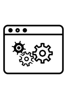 Browser window with three gear or cogwheel icons. Web development settings and configuration symbol. Digital system service and technical support interface. vector